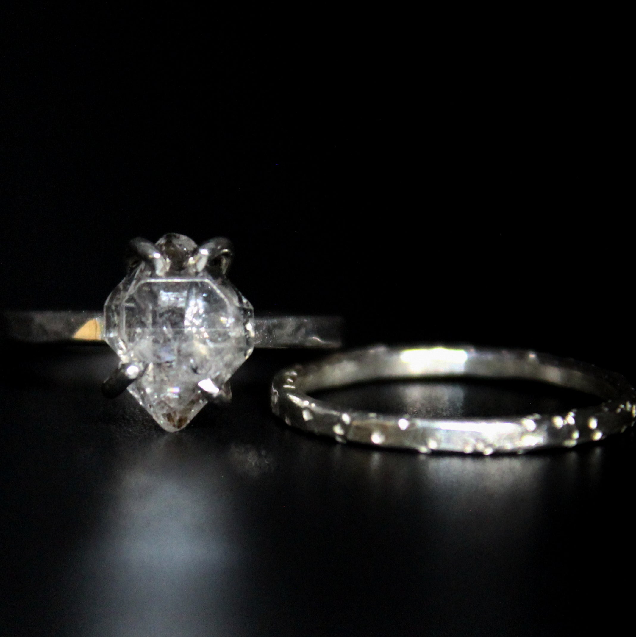 size 5.75- set of 2 raw salt and pepper herkimer diamond sterling