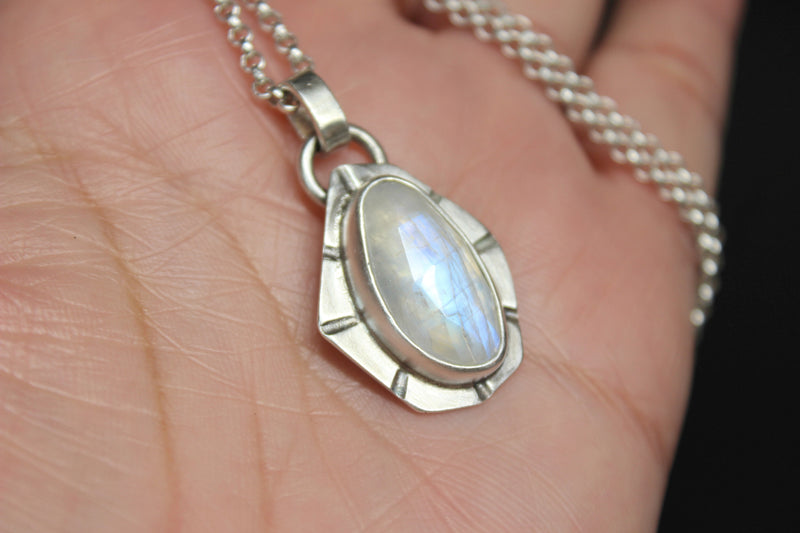 Geometric Rose Cut Rainbow Moonstone Sterling Silver Necklace | Gugma Jewelry