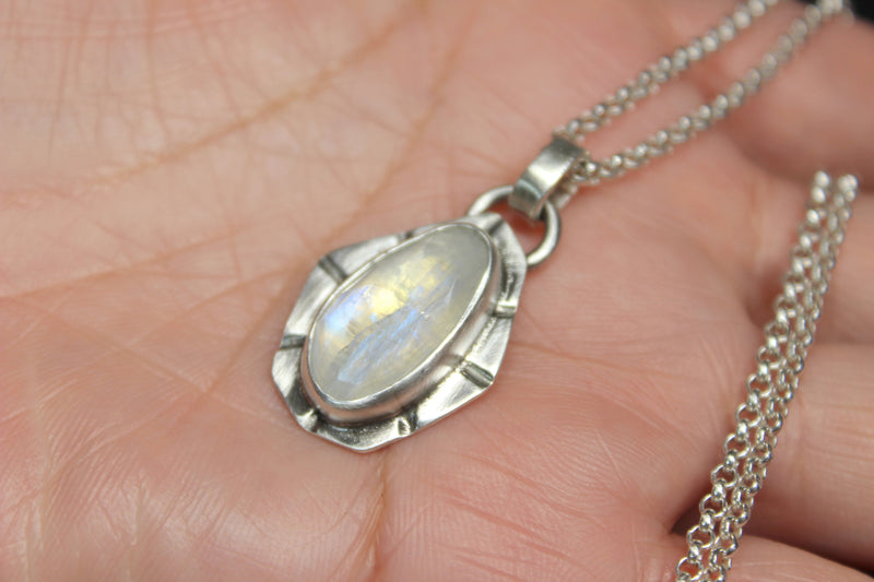 Geometric Rose Cut Rainbow Moonstone Sterling Silver Necklace | Gugma Jewelry