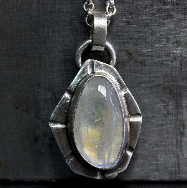 Geometric Rose Cut Rainbow Moonstone Sterling Silver Necklace | Gugma Jewelry