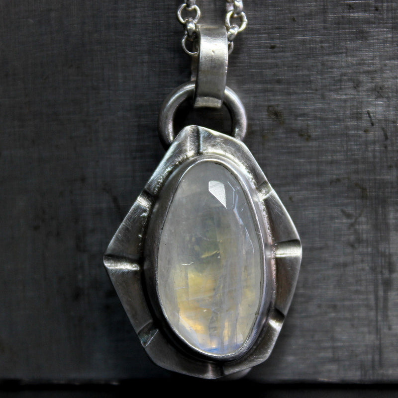 Geometric Rose Cut Rainbow Moonstone Sterling Silver Necklace | Gugma Jewelry