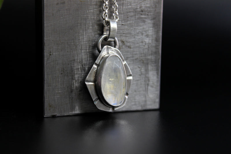 Geometric Rose Cut Rainbow Moonstone Sterling Silver Necklace | Gugma Jewelry
