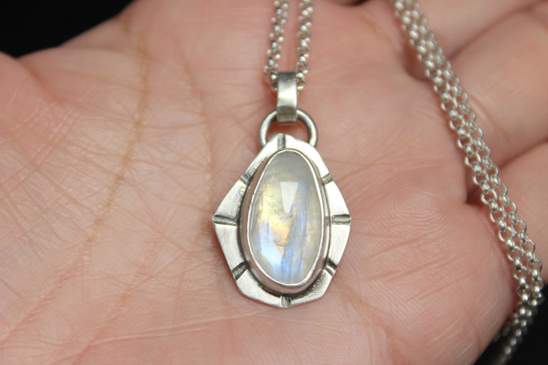 Geometric Rose Cut Rainbow Moonstone Sterling Silver Necklace | Gugma Jewelry