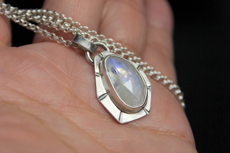 Geometric Rose Cut Rainbow Moonstone Sterling Silver Necklace | Gugma Jewelry