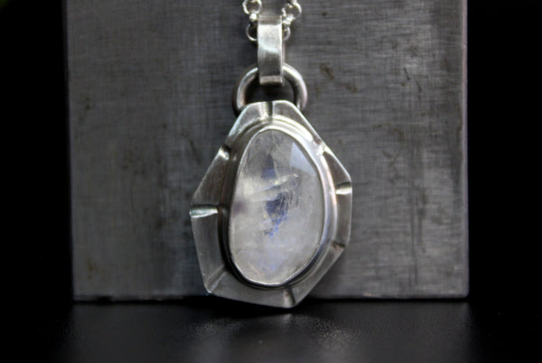 Geometric Rose Cut Rainbow Moonstone Sterling Silver Necklace | Gugma Jewelry
