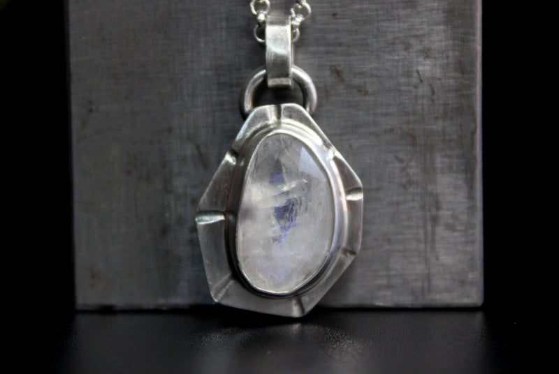 Geometric Rose Cut Rainbow Moonstone Sterling Silver Necklace | Gugma Jewelry