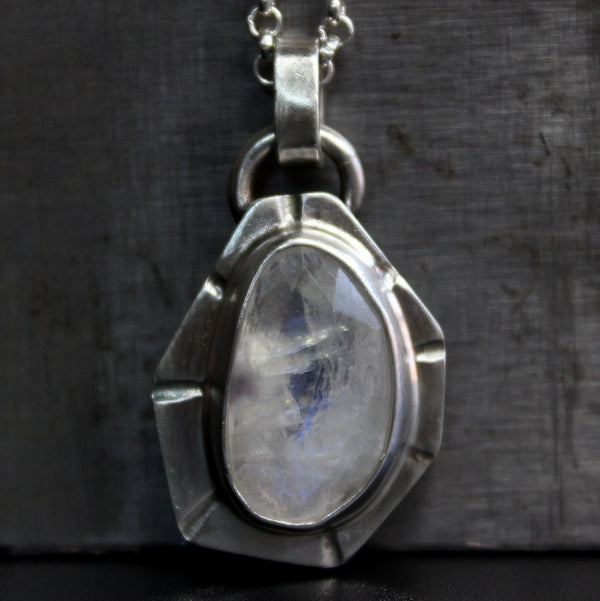 Geometric Rose Cut Rainbow Moonstone Sterling Silver Necklace | Gugma Jewelry