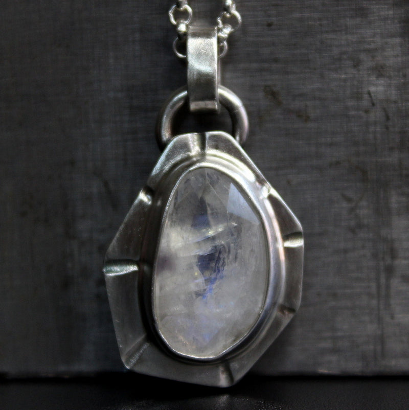 Geometric Rose Cut Rainbow Moonstone Sterling Silver Necklace | Gugma Jewelry
