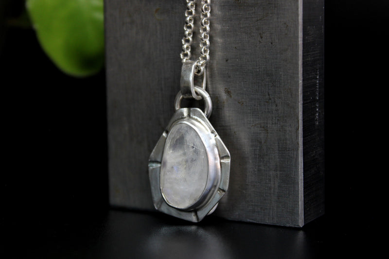 Geometric Rose Cut Rainbow Moonstone Sterling Silver Necklace | Gugma Jewelry