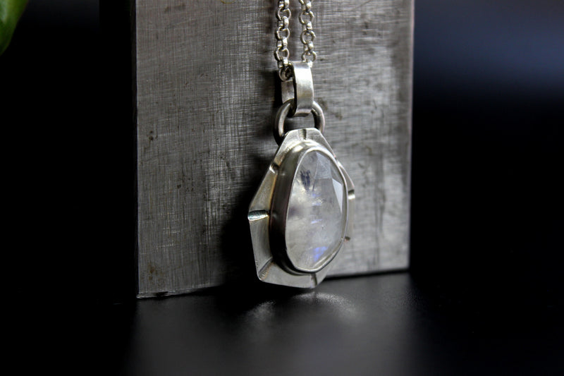 Geometric Rose Cut Rainbow Moonstone Sterling Silver Necklace | Gugma Jewelry