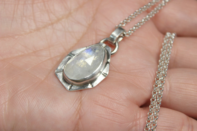 Geometric Rose Cut Rainbow Moonstone Sterling Silver Necklace | Gugma Jewelry