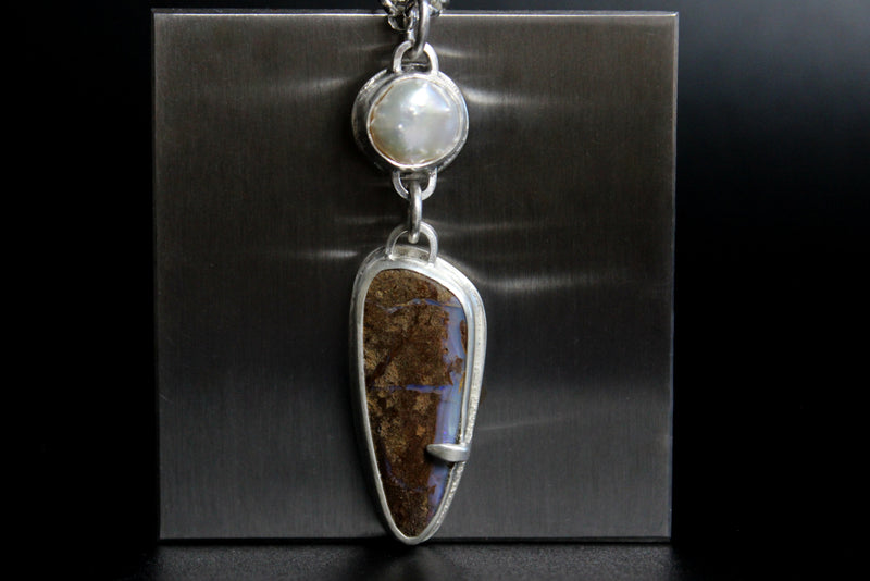 Baroque Freshwater Pearl x Koroit Bould Opal Sterling Silver Necklace | Gugma Jewelry