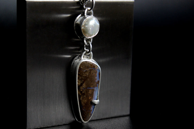 Baroque Freshwater Pearl x Koroit Bould Opal Sterling Silver Necklace | Gugma Jewelry