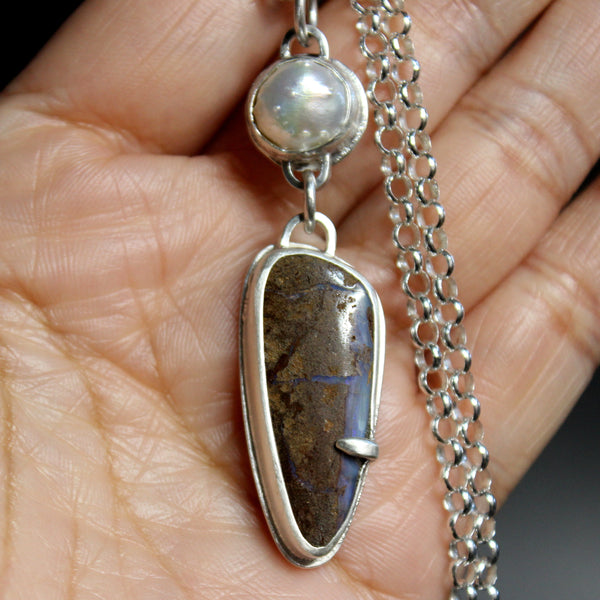 Baroque Freshwater Pearl x Koroit Bould Opal Sterling Silver Necklace | Gugma Jewelry