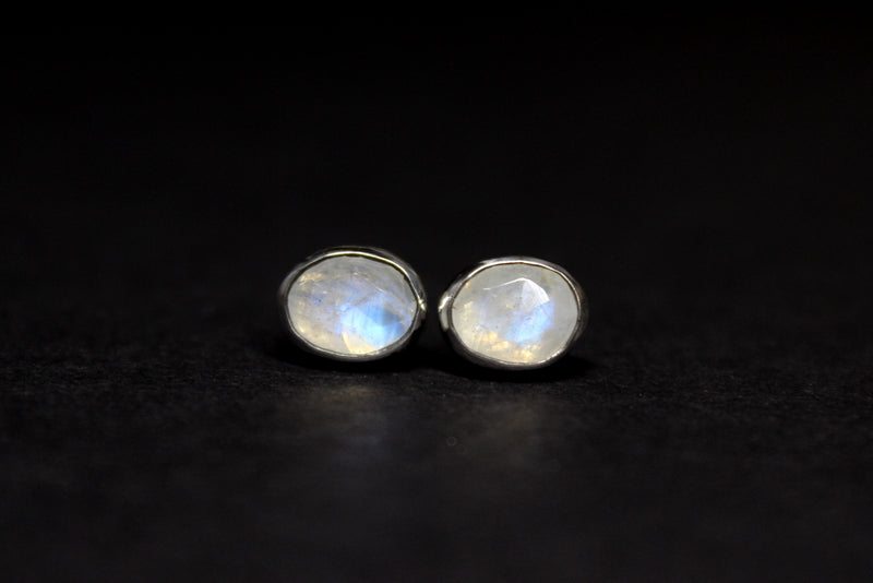 Rose Cut Rainbow Moonstone Sterling Silver Stud Post Earrings | Gugma Jewelry