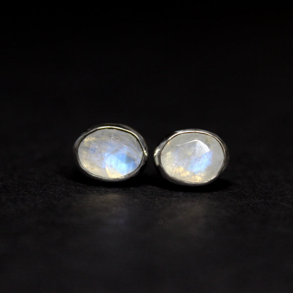 Rose Cut Rainbow Moonstone Sterling Silver Stud Post Earrings | Gugma Jewelry