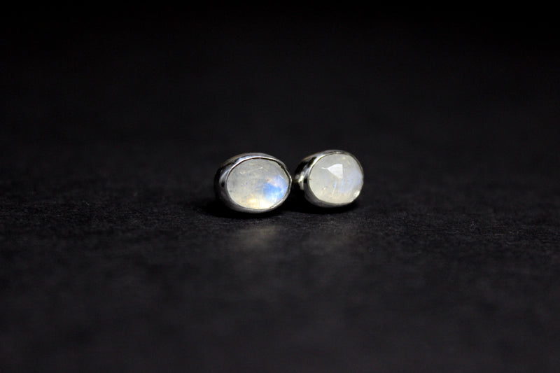 Rose Cut Rainbow Moonstone Sterling Silver Stud Post Earrings | Gugma Jewelry