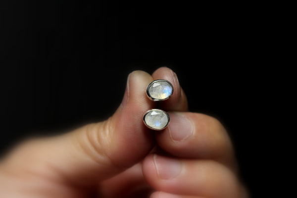 Rose Cut Rainbow Moonstone Sterling Silver Stud Post Earrings | Gugma Jewelry