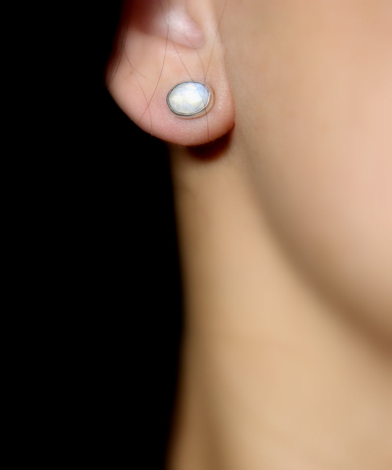 Rose Cut Rainbow Moonstone Sterling Silver Stud Post Earrings | Gugma Jewelry