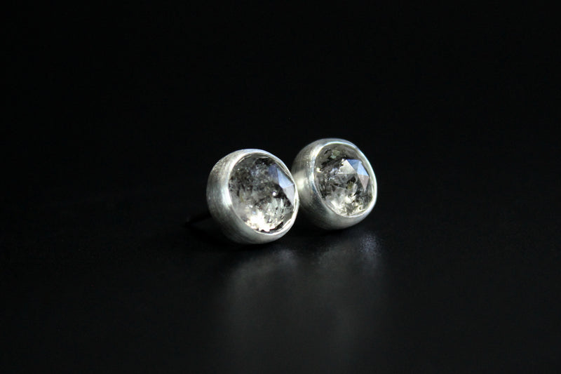 salt and pepper round herkimer diamonds sterling silver stud post earring #002