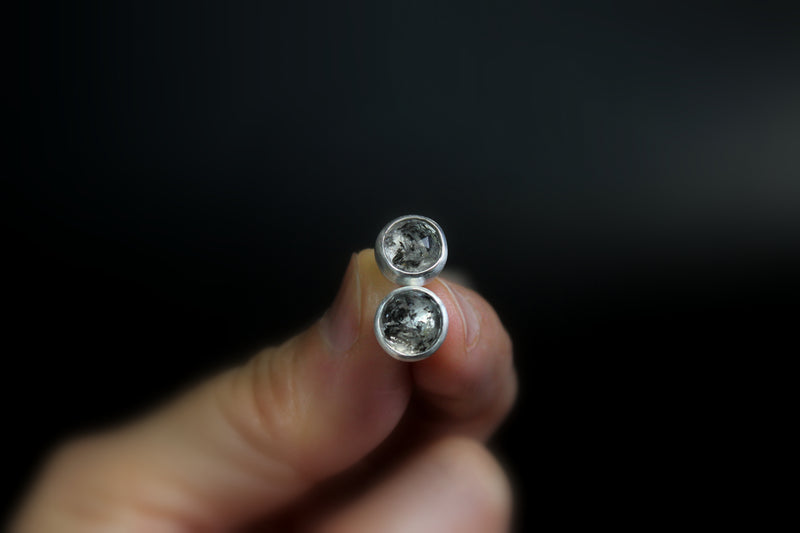 salt and pepper round herkimer diamonds sterling silver stud post earring #002