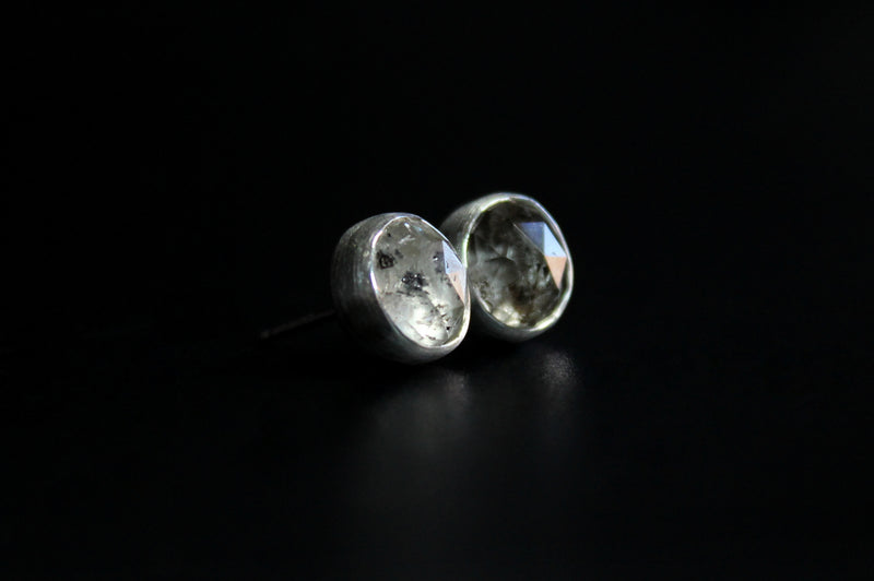 salt and pepper round herkimer diamonds sterling silver stud post earring #003