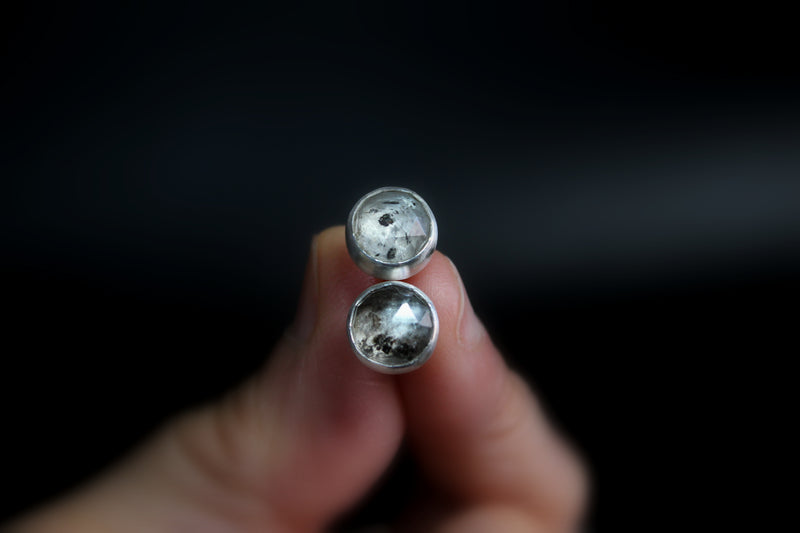 salt and pepper round herkimer diamonds sterling silver stud post earring #003