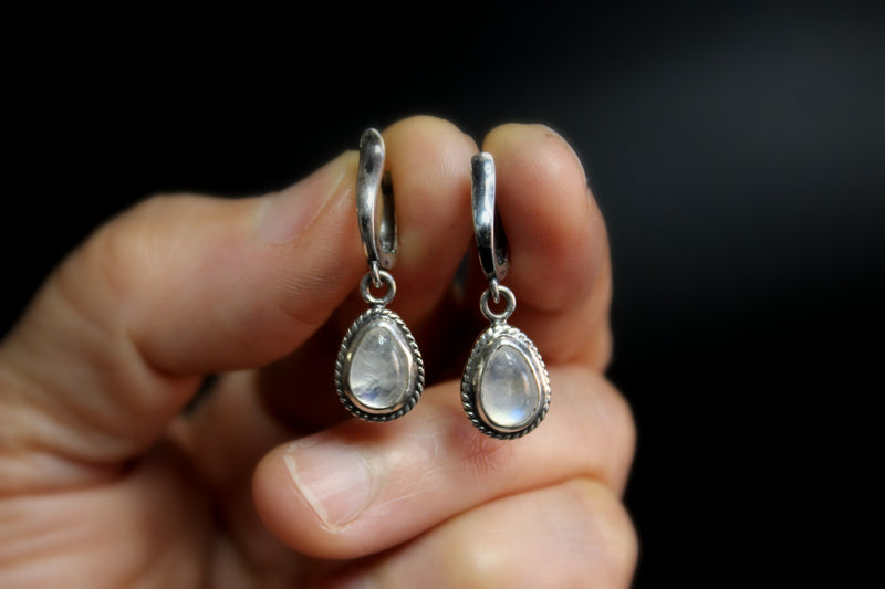 Teardrop Rainbow Moonstone Sterling Silver Dangle Earrings | Gugma Jewelry