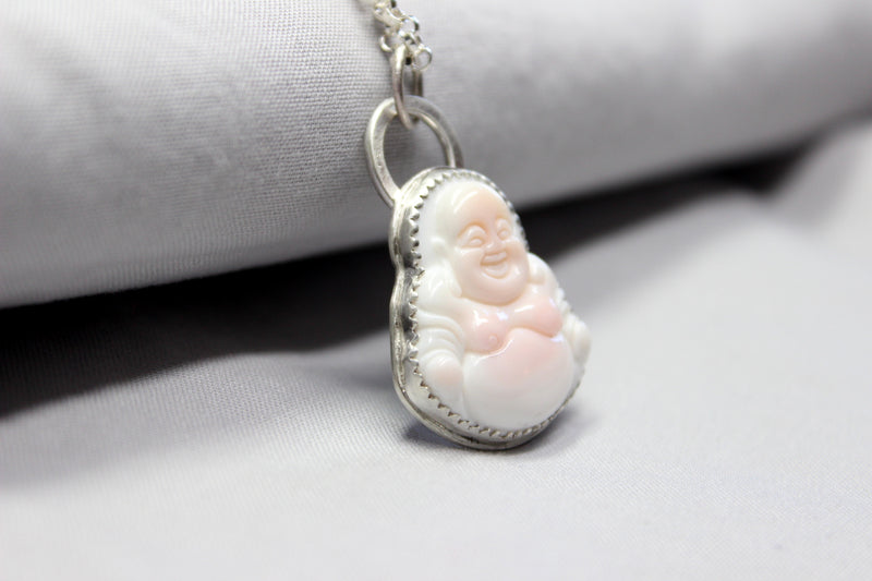 blush pink conch shell buddha necklace